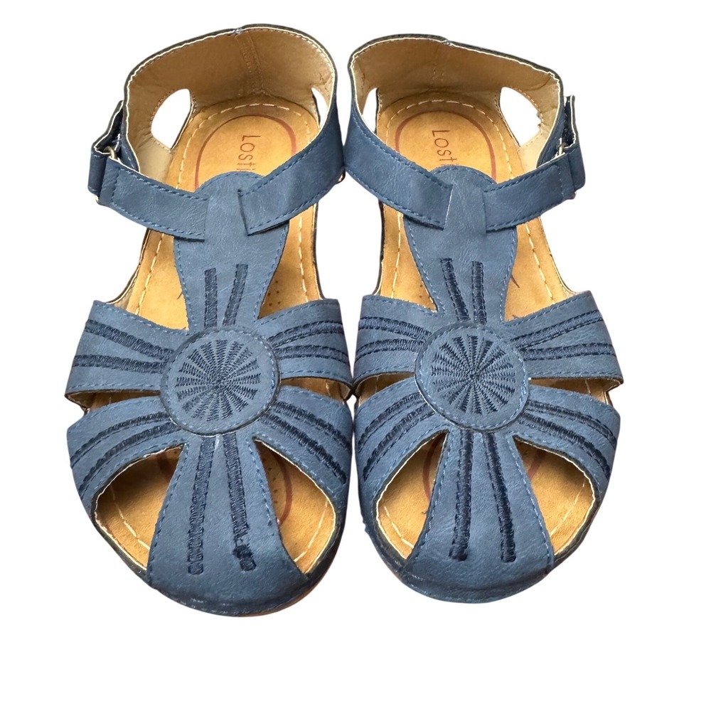 Lostisy Comfort Wedge Sandals Sunburst Cutout Blue Boho Walking Shoes Size 8 /39